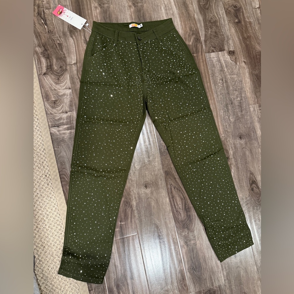 Oops!!! Olive Green Rhinestone Studded Pants – Size M (NWT)